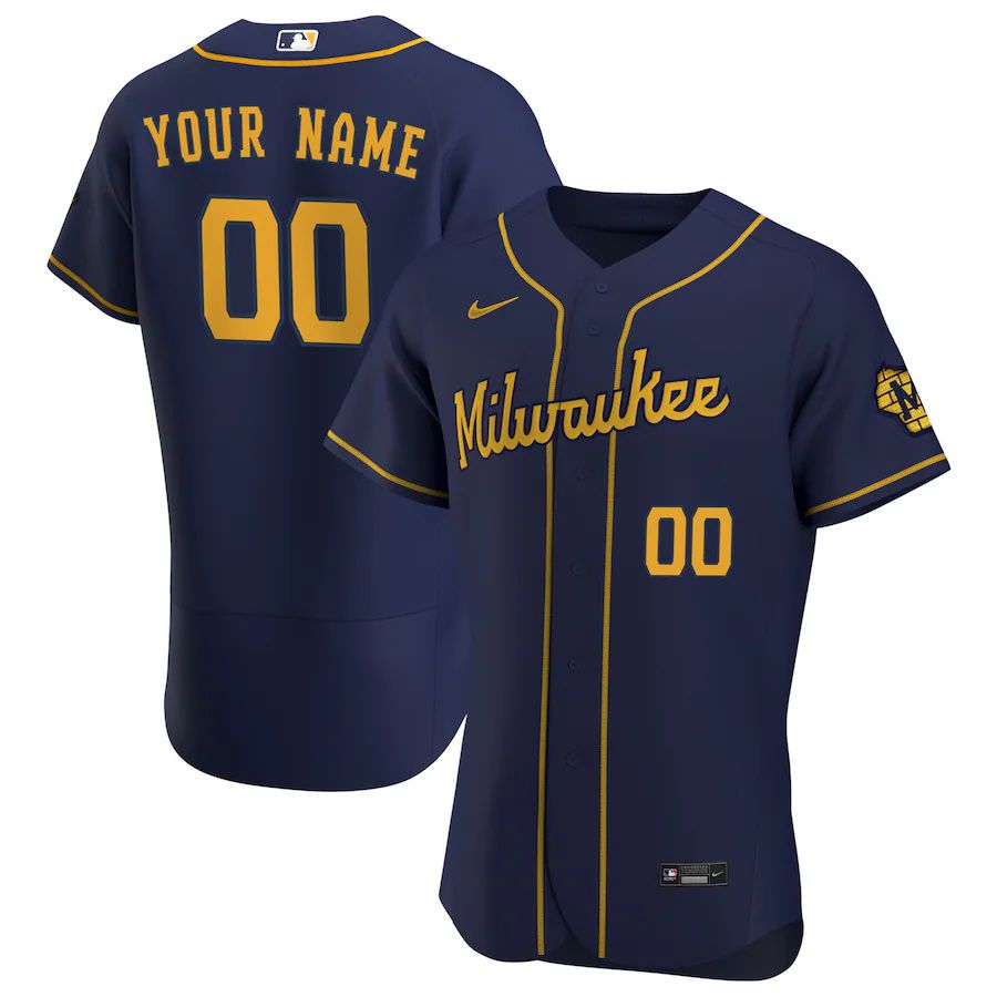 Mens Milwaukee Brewers Nike Navy Alternate Official Authentic Custom MLB Jerseys